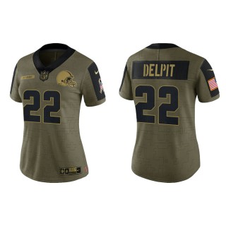 Women Cleveland Browns Grant Delpit Nike Olive Gold 2021 Salute To Service Limited Jersey